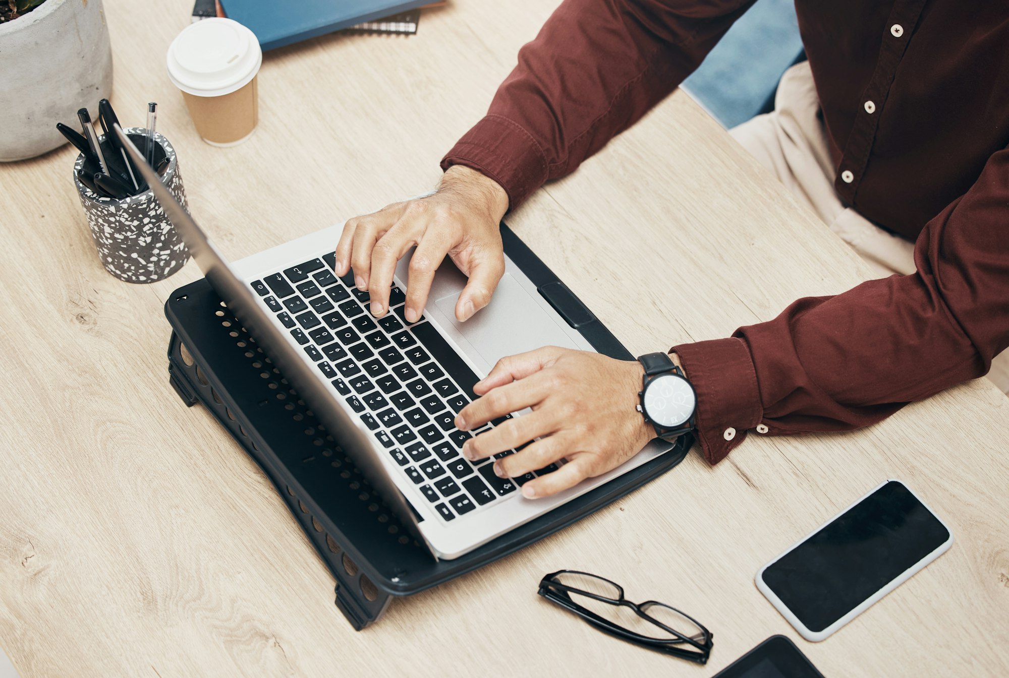 Business man hands and laptop on desk information technology and tech support top and working in